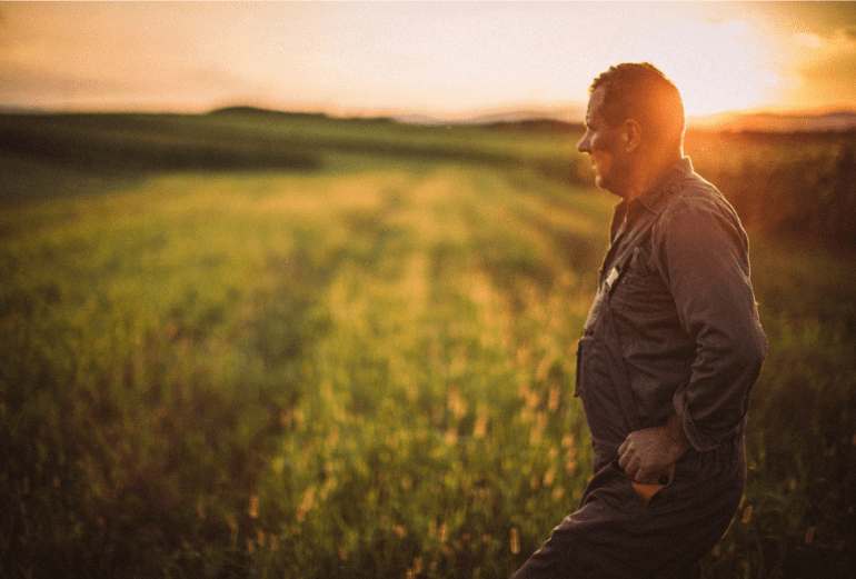 a farmer overlooking his field in the sunset